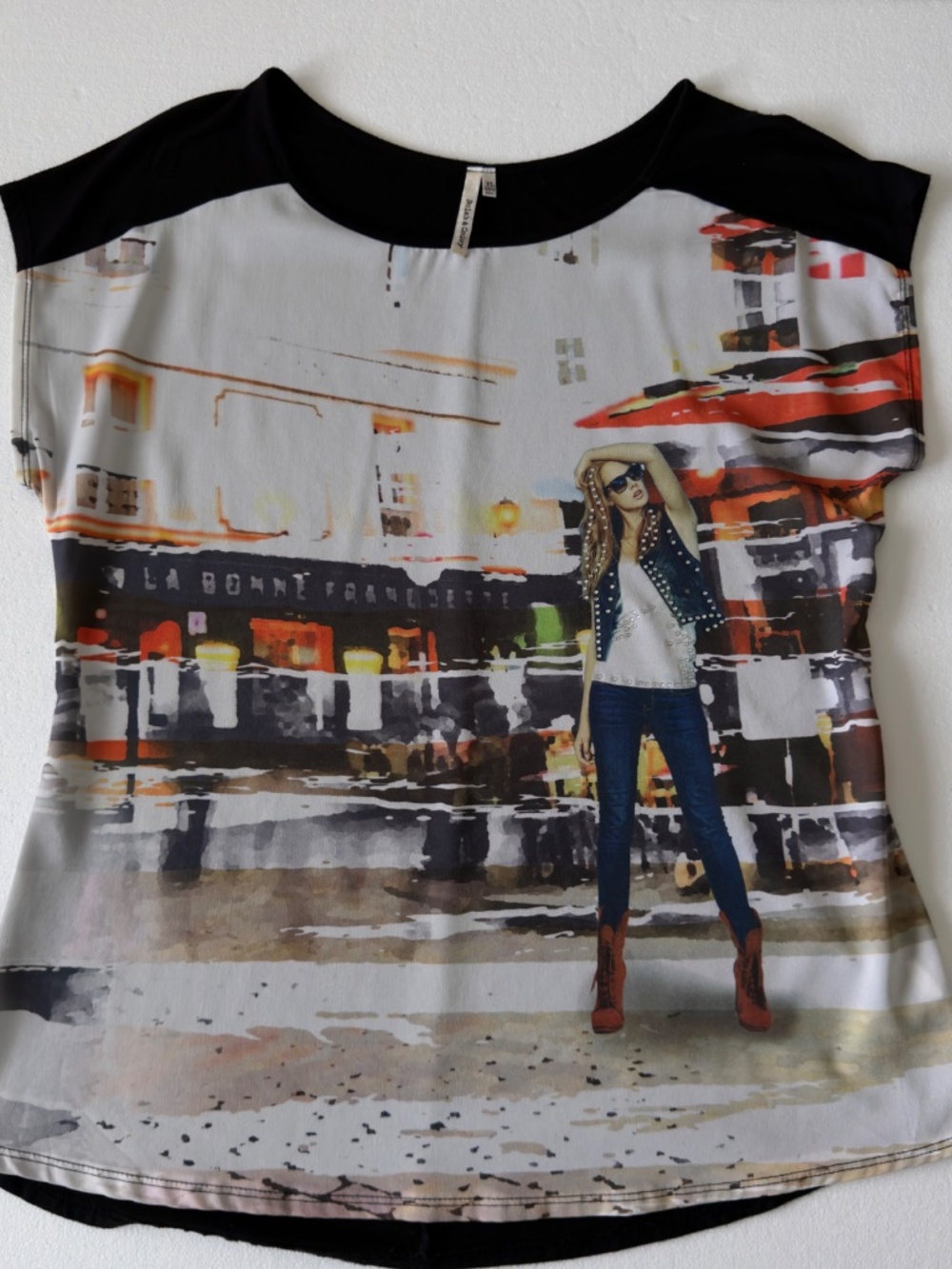 Belah & Codey French Bistro Graphic Print Mixed Media Top XL - Made in USA